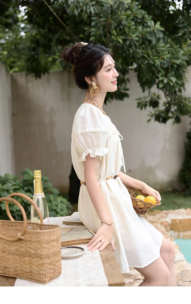 MISHOW Vacation Retro Sweet Dress for Women 2025 Summer Jacquard Embroidered Bubble Sleeve Dresses with Bohemian Belt MXD30L1864