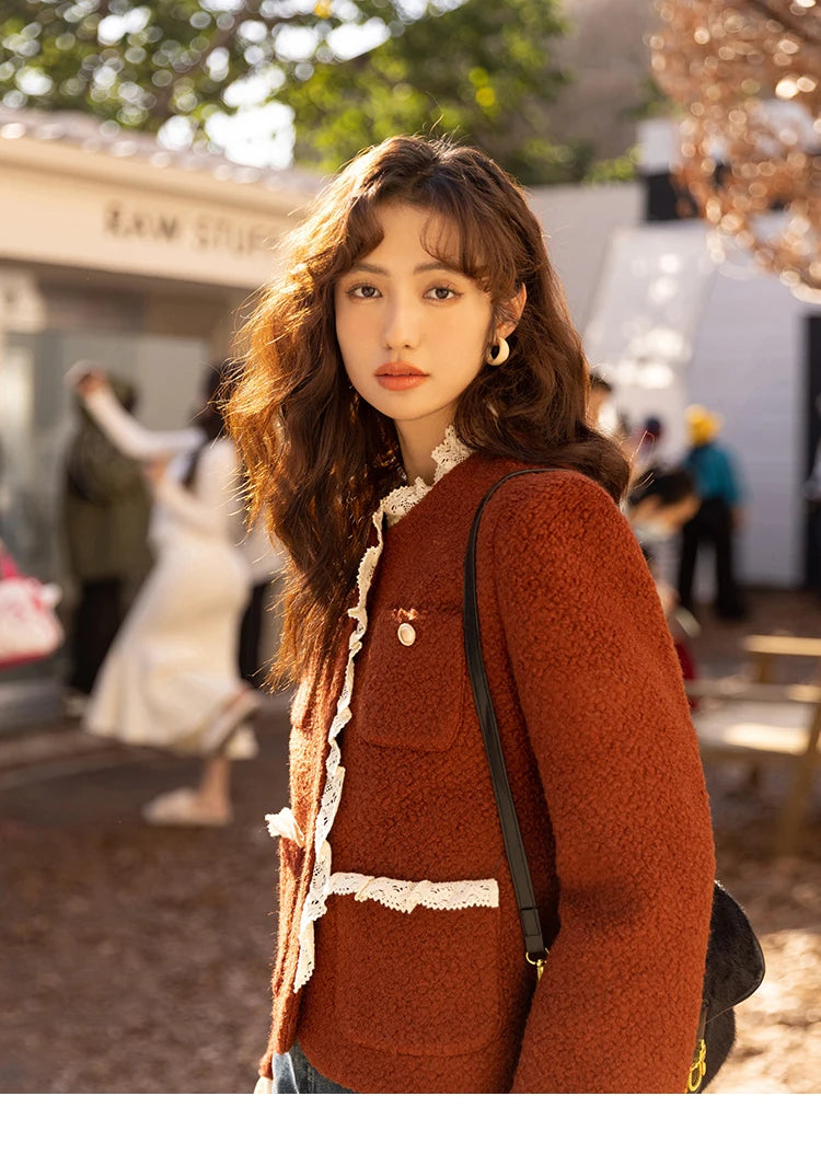 MISHOW Wool Coat for Women Winter Korean Retro Lace Splicing Lamb Wool Button Pockets Thickened Warm Female Coat MXB43W0720