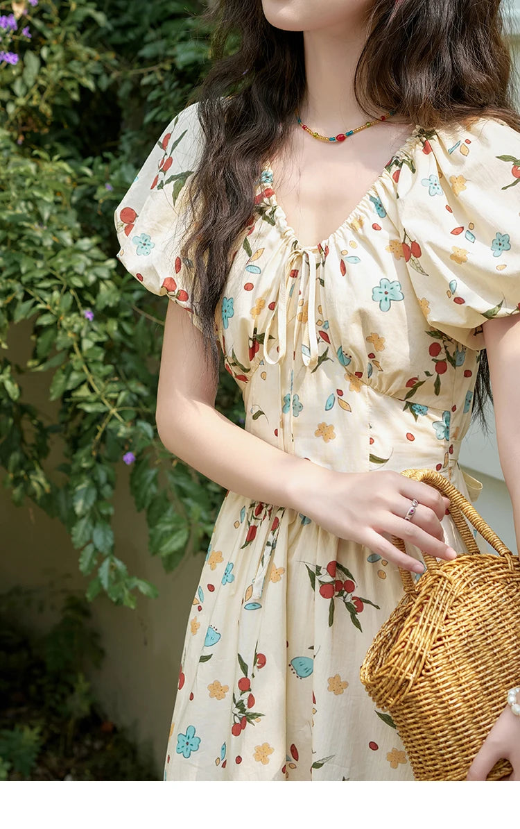 MISHOW French 100 Cotton Floral V-neck Dress Women 2025 Summer Bubble Sleeve Drawstring Lace-up Temperament Dresses MXD30L1868