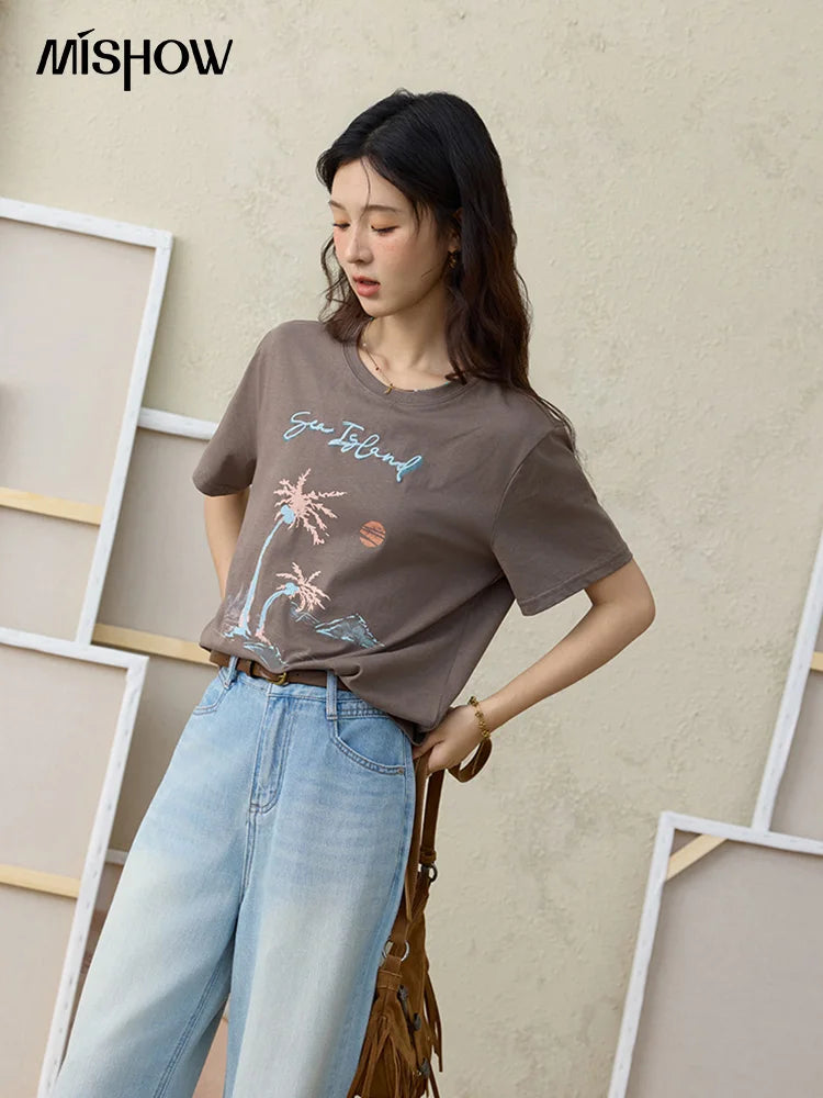 MISHOW Casual Print Shirts Women Summer New 2025 Short Sleeve Round Neck Loose Pure Cotton T-shirt Female Fashion MXE31T0533