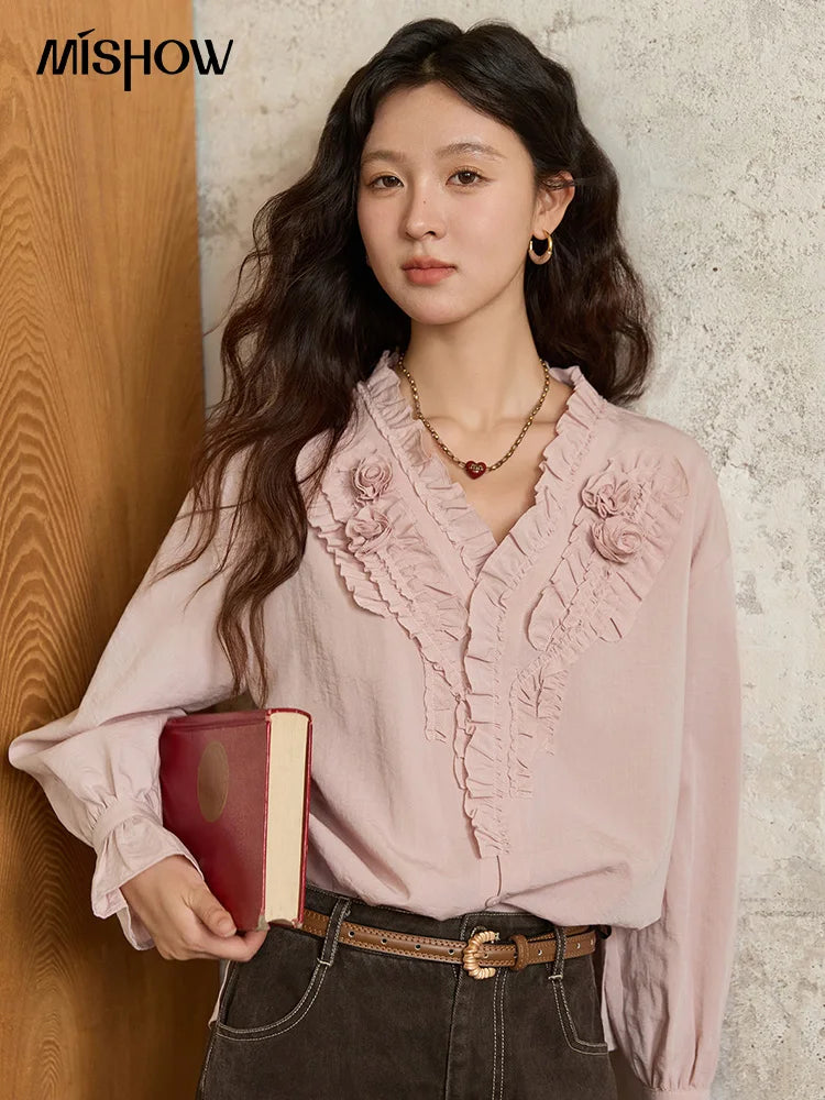 MISHOW Hand Sewn Rose Blouse for Women Autumn 2025 V-neck  Edible Tree Fungus Edge Tops Sweet Lantern Sleeves Blouses MXE44X2470