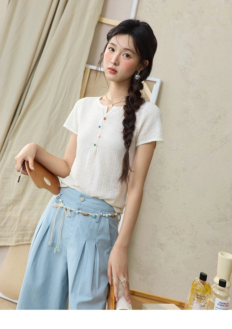 MISHOW Sea Salt Blue Wide Leg Pants 2025 Summer Contrasting Bead Belt Cotton Blend Trousers Slim Commuting Pants MXE35K0931