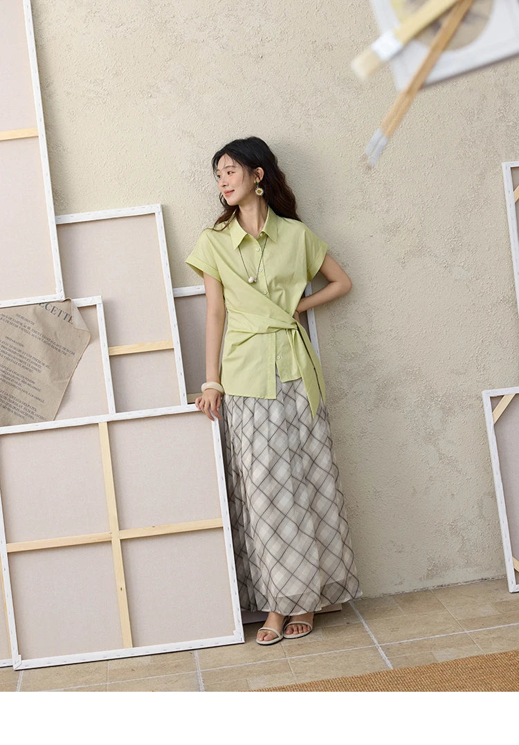 MISHOW Apricot Green Retro Plaid Skirt for Women Summer 2025 Pleated Chiffon High Waist Elegant Slim A-line Skirts MXE35B0747