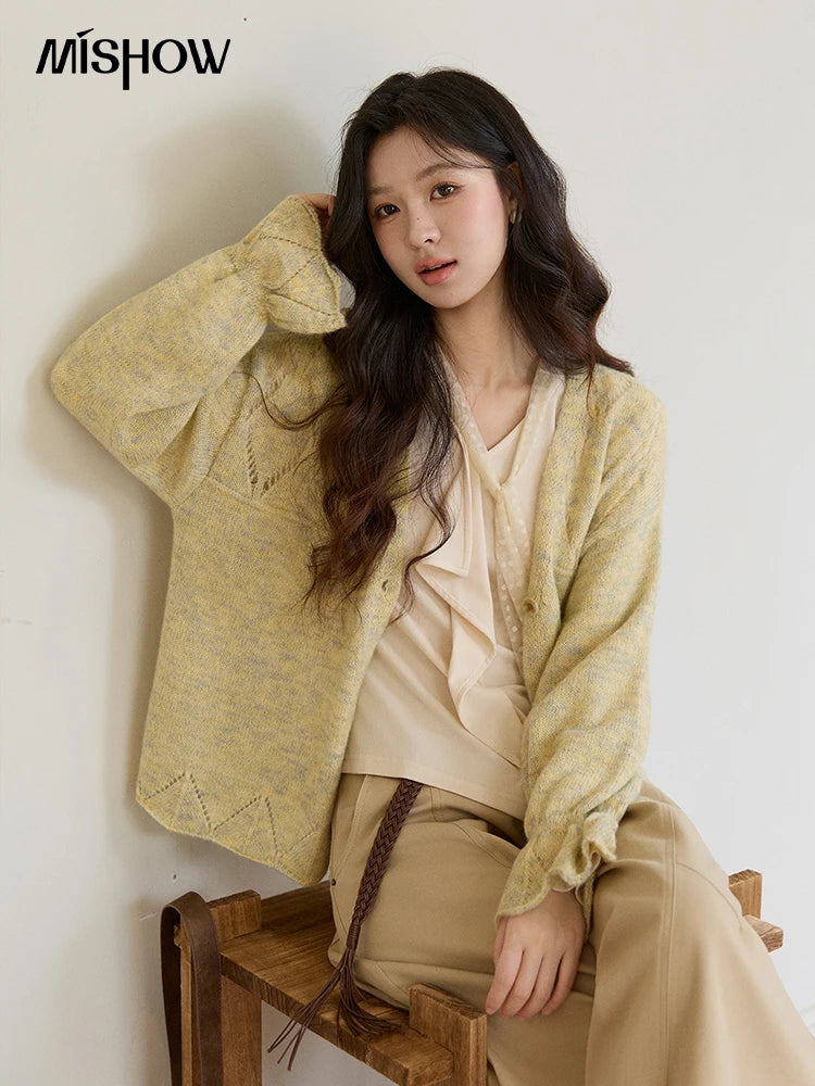 MISHOW Women's Marled Yellow Mohair Knit Cardigan 2026 Spring V-Neck Flare Sleeve Cardigans Casual Loose Sweater MXF108Z1021