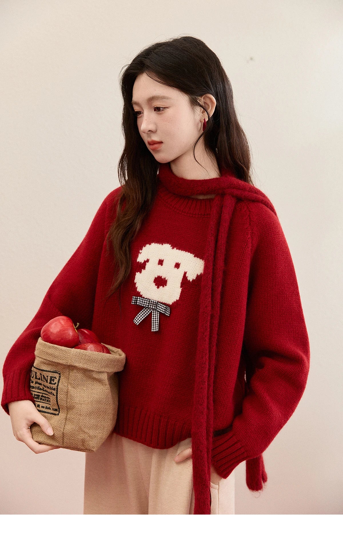 MISHOW New Year Women's Puppy Jacquard Crew Neck Knit Sweater 2026 Spring Loose Casual Red Sweater Excluding Scarf MXE93Z2932