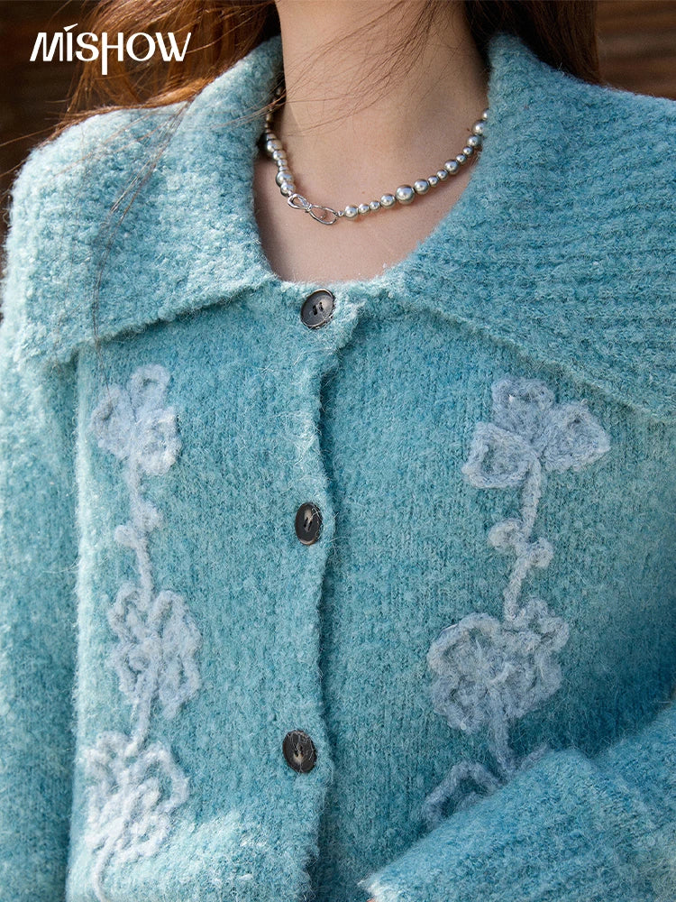 MISHOW Retro Three-dimensional Floral Jacquard Sweater for Women 2025 Autumn Winter Lapel Thickened Knitted Cardigan MXE87Z2684