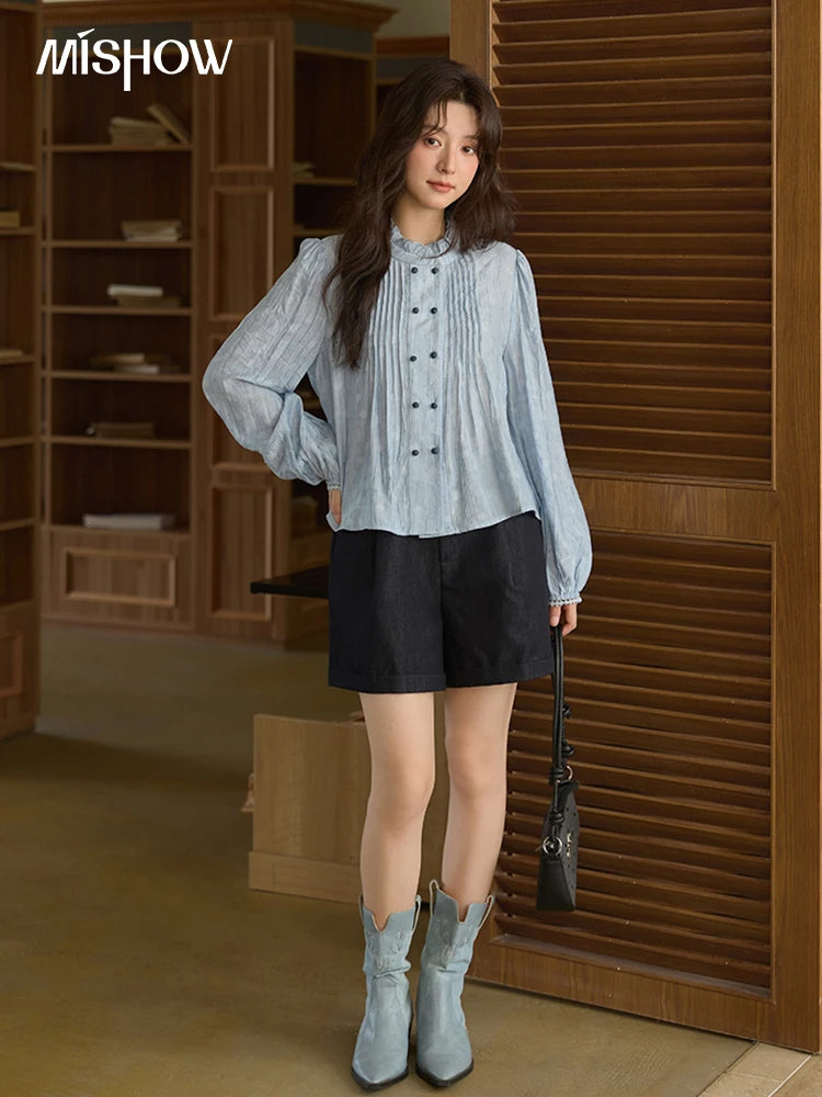 MISHOW Women's Shirt 2025 Autumn Blue Polka Dot Chiffon Loose Shirt Stand Collar Double Row Buckle Lantern Sleeve Top MXE41X1926