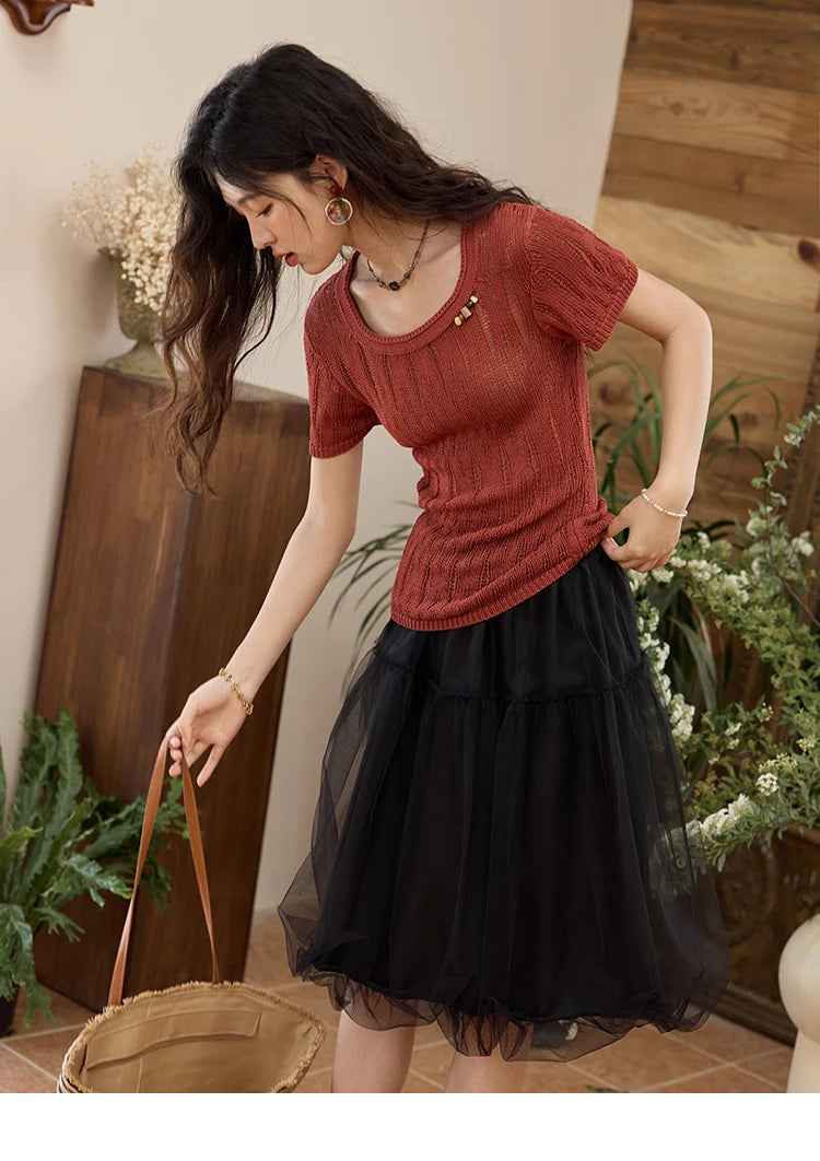 MISHOW Retro Red Hollow Thin Knitted Sweater Shirt for Women 2025 Summer Beads Short Sleeves Knitted Breathable Top MXE35Z1271