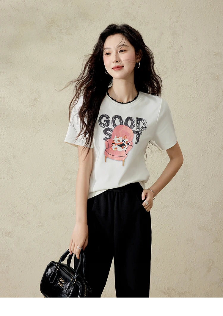 MISHOW Printed Cotton T-shirts for Women Spring 2025 Loose Slim Short Round Neck Tees Versatile Soft Casual Tops MXE13T0461