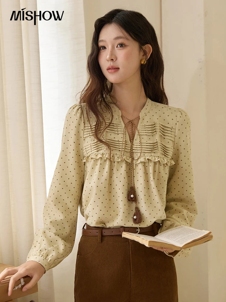 MISHOW Women's Polka Dot Ruffled Shirt 2025 Autumn Vintage Tie Tassel Round Neck Long-Sleeve Top Loose Casual Blouse MXE45X2477