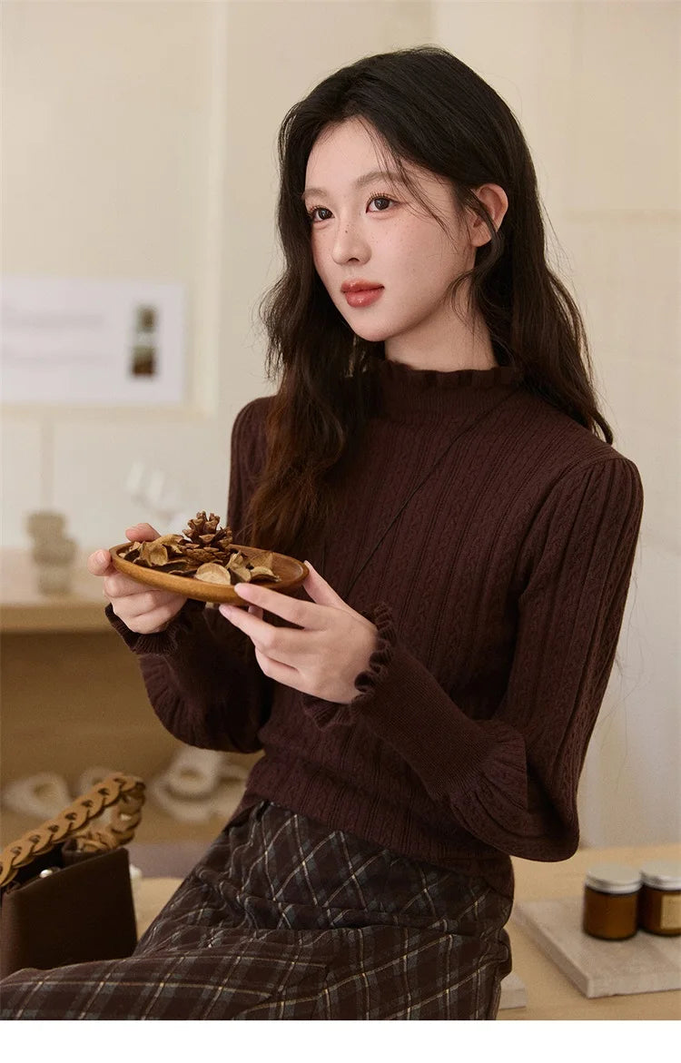 MISHOW Women's Half Turtleneck Ruffle Trim Lantern Sleeve Bottoming Tops 2025 Winter Vertical Rib Slim Knitted Top MXE93Z2810