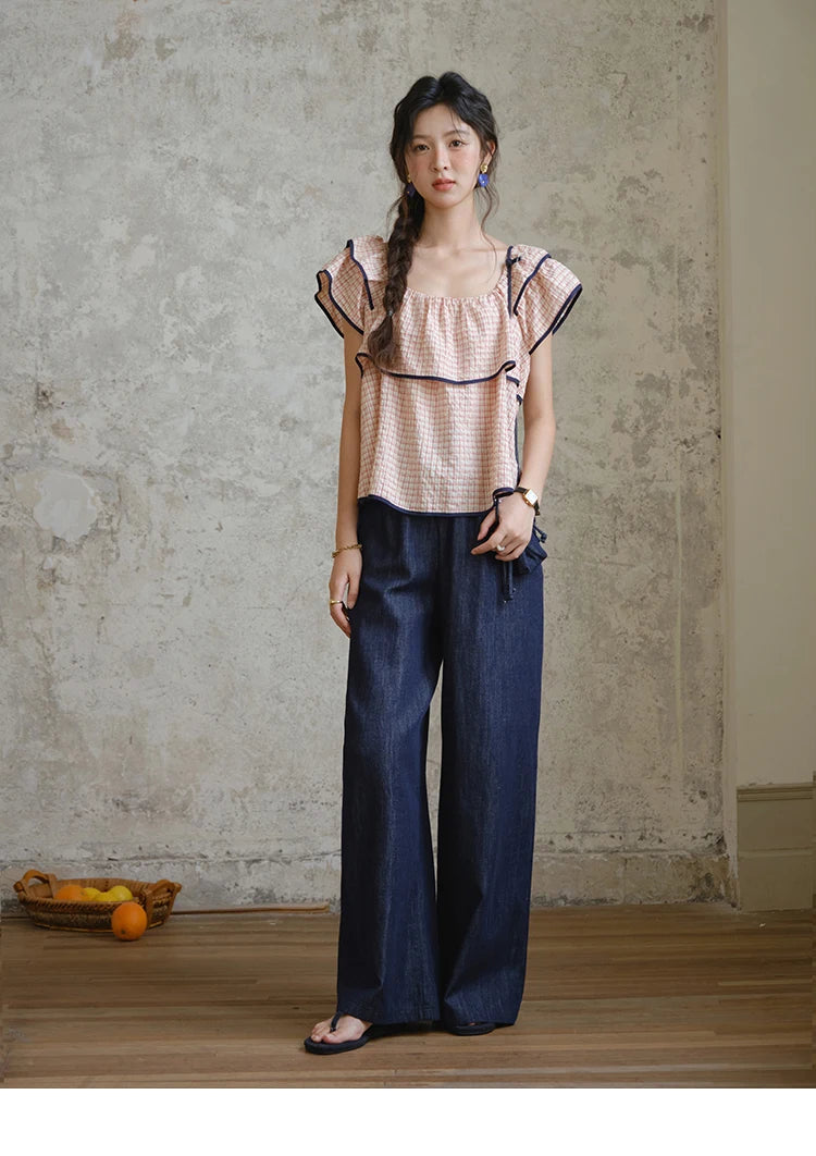 MISHOW Two-Piece Ladies Set Square Neck Ruffles Plaid Blouse High Waist Slim Wide Leg Casual Pants Set 2025 Summer MXE36T0636