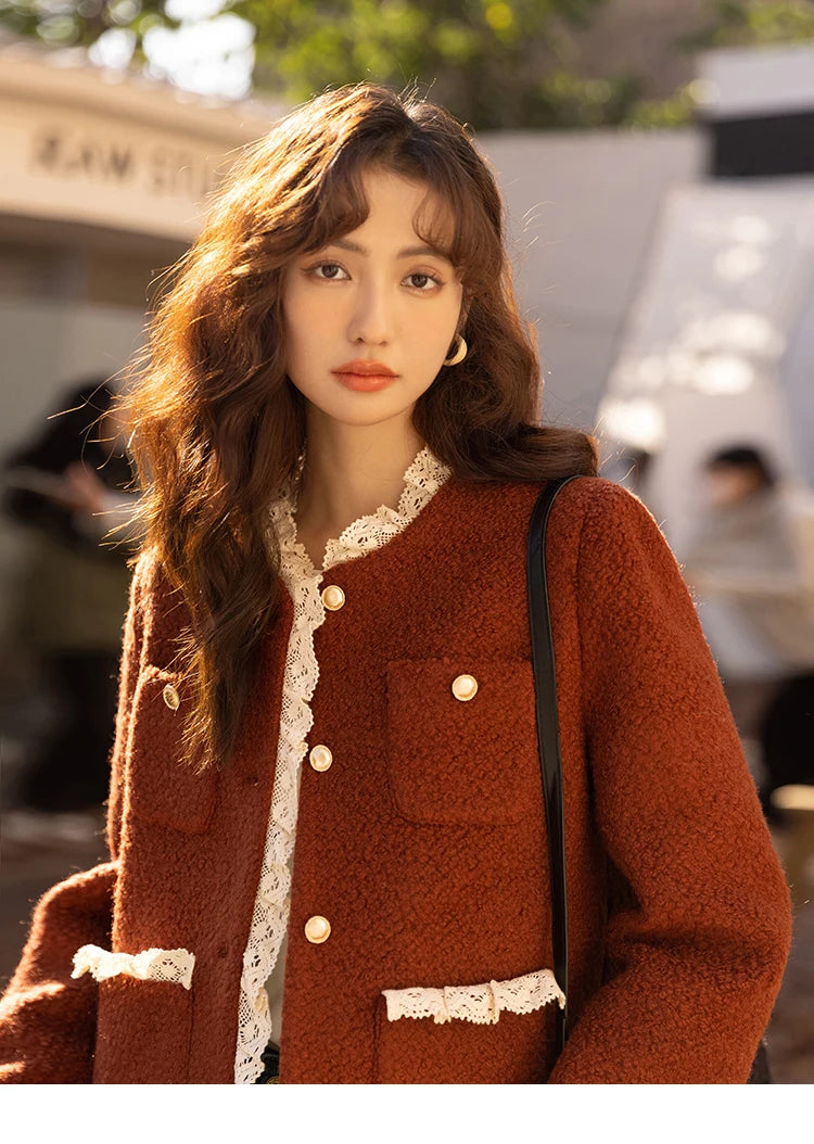 MISHOW Wool Coat for Women Winter Korean Retro Lace Splicing Lamb Wool Button Pockets Thickened Warm Female Coat MXB43W0720