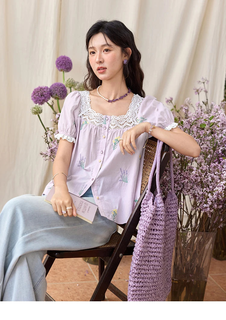 MISHOW Women's Lace Patchwork Embroidered Blouses 2025 Summer Korean Elegant Square Collar Blouse Short Sleeved Tops MXE36X1830