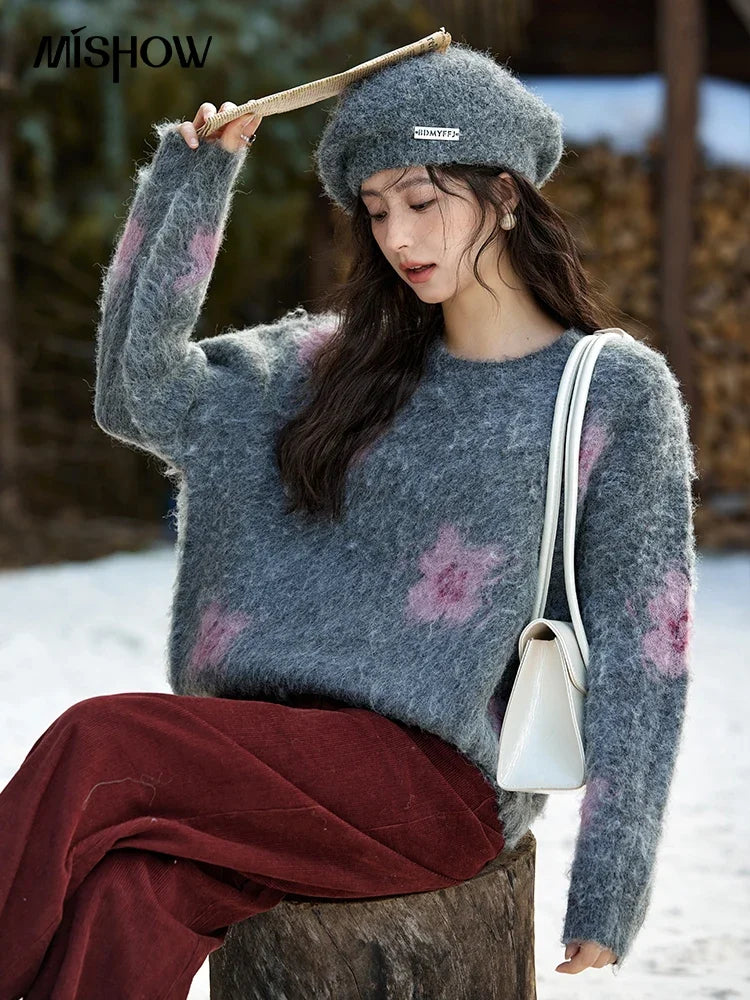MISHOW Wool Yarn Plush Fur Flower O-Neck Pullover Knitted Sweater Women Clothes Warm Versatile Long-sleeved Tops MXD56Z1001