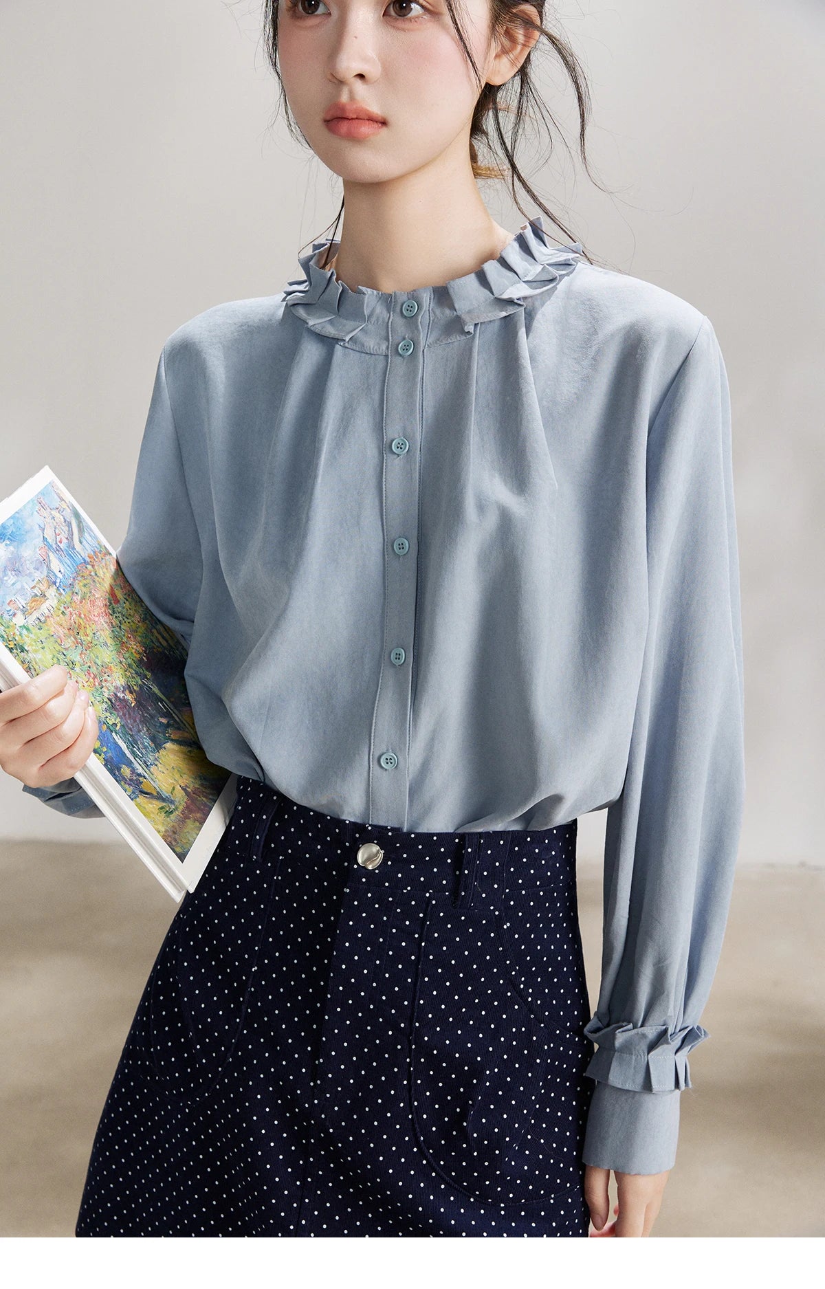 MISHOW Women's Peach Skin Solid Shirt 2026 Spring Ruffled Crew Neck Single-breasted Tops Casual Long Sleeve Shirts MXF11C2431