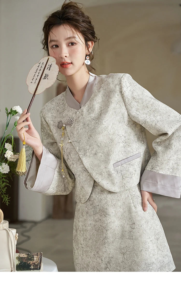 MISHOW Chinese Stand Up Collar Jacket A-line Skirt Separately Spring Textured Glossy Jacquard Irregular Placket Top MXD15W0373