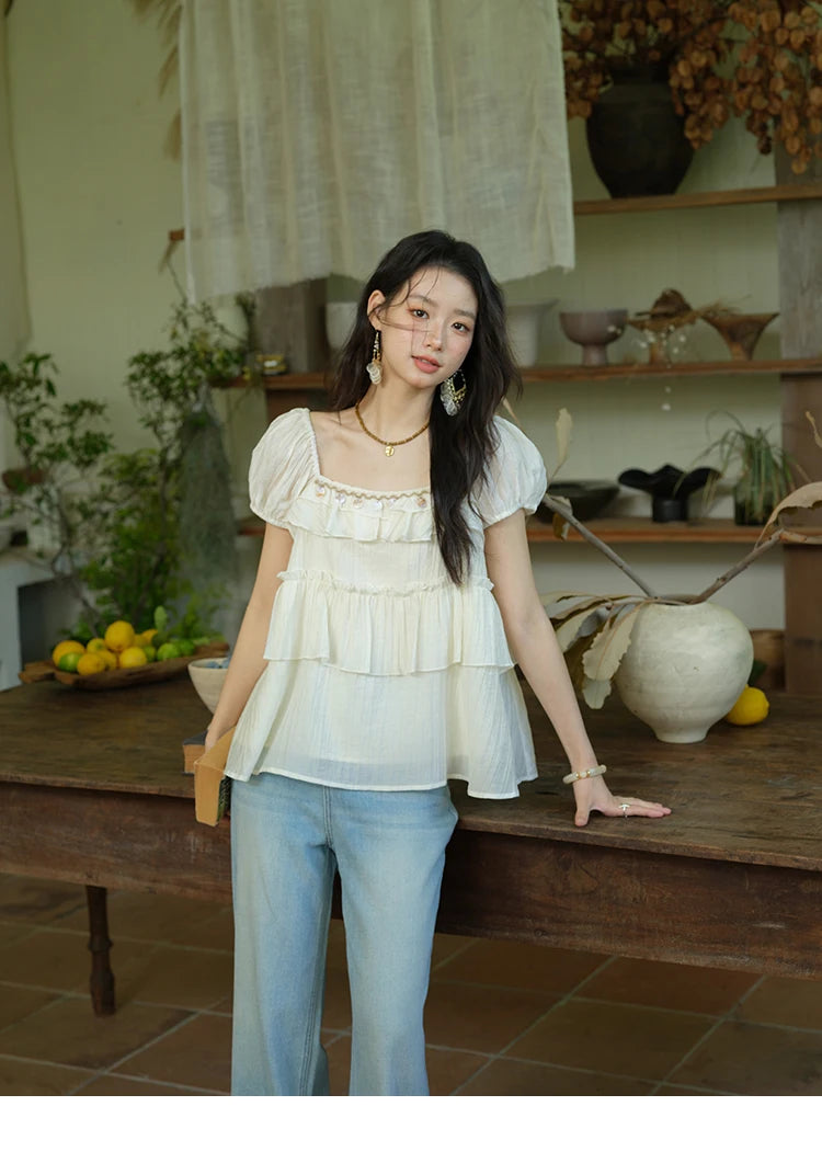 MISHOW Female Fashion Square Collar Loose Blouse 2025 Summer New Commute Puff Sleeve Tierred Top Women's Clothing MXE33X1763