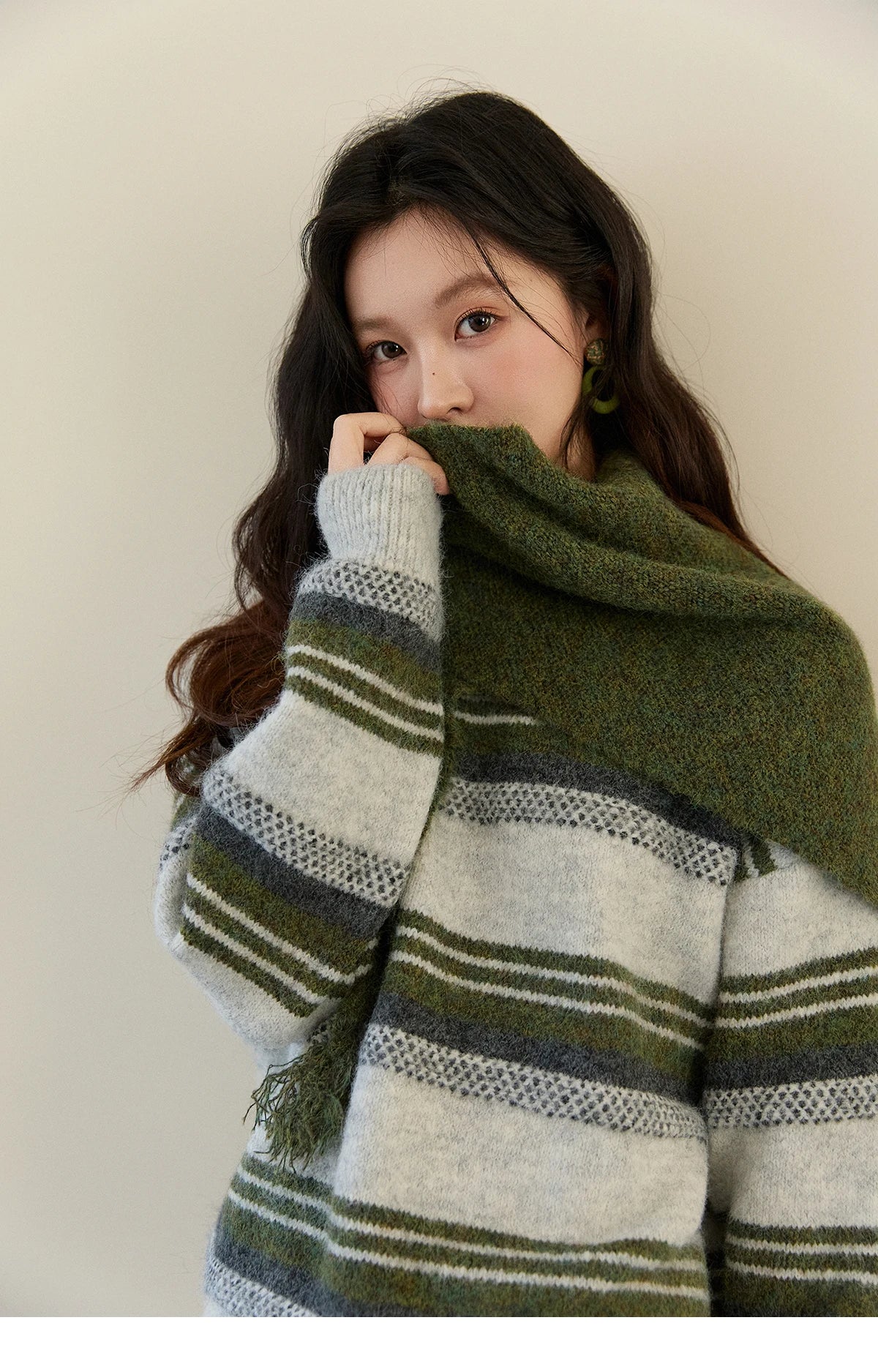 MISHOW Women's Wool Blend Retro Striped Sweater with Scarf Set 2025 Winter Knitted Round Neck Warm Loose Sweaters MXE94Z2987