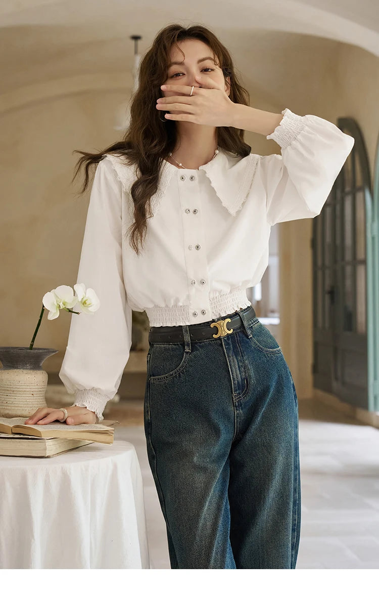 MISHOW Korean Doll Neck Shirt 2024 Spring Lace Patchwork Bubble Sleeve Elastic Hem Double Breasted Solid Short Tops MXD12C0164