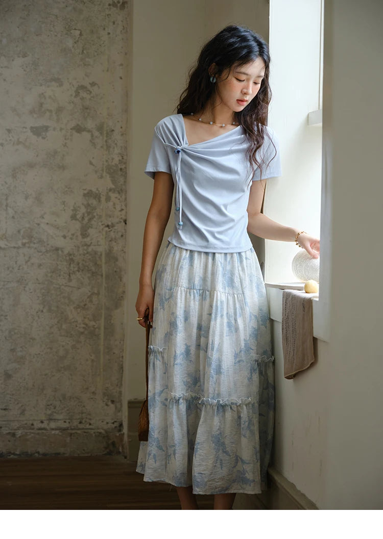 MISHOW Two Piece Set Women's Fashion Lace Up Top 2025 Summer New Casual Print Wide Leg Half Skirt Set Ladies Clothing MXE35T0596