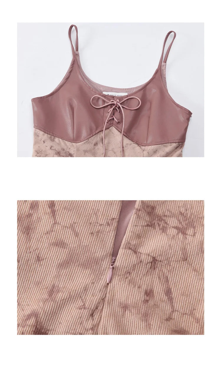 MISHOW Leather Patchwork Floral Strap Dress for Autumn 2024 Lace-up Hem Side Slit Dress Sleeveless Camisole Dresses MXD43L2031