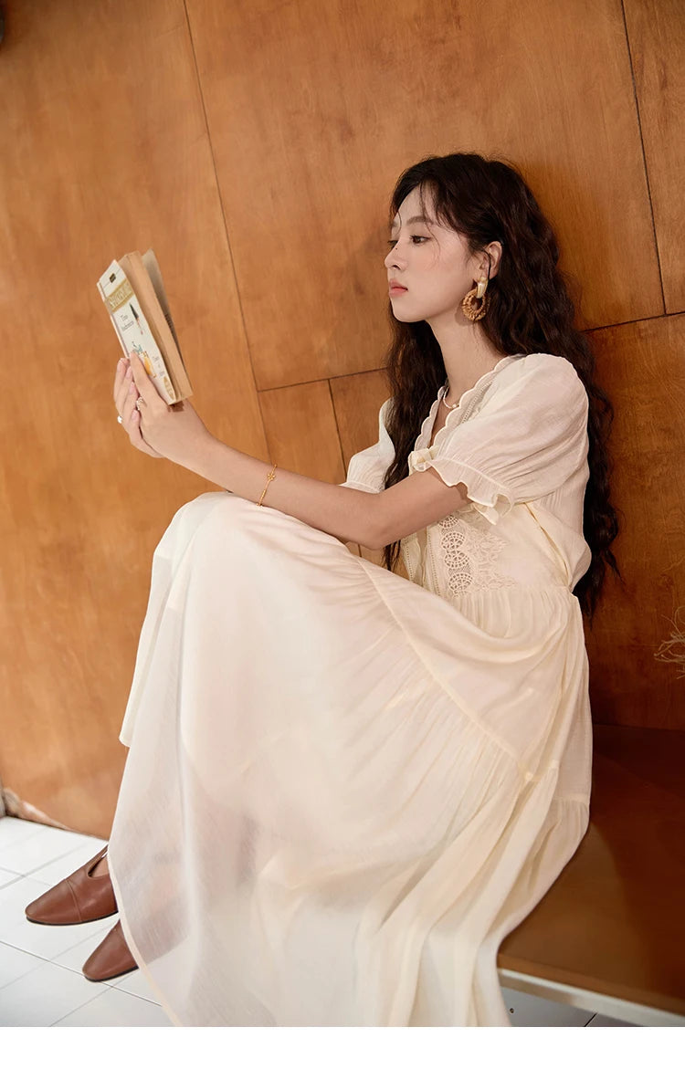 MISHOW Women's French Hollowed Out Embroidery Dress 2024 Summer Elegant Slim Fairycore Dress Waist Mid Length Dresses MXD31L1981