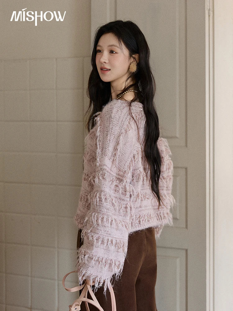 MISHOW Tassel Bead Wool Blended Sweater Autumn Winter 2025 Elegant Thick Knitted Sweater Loose Warm Tops Office Lady MXE90Z2822