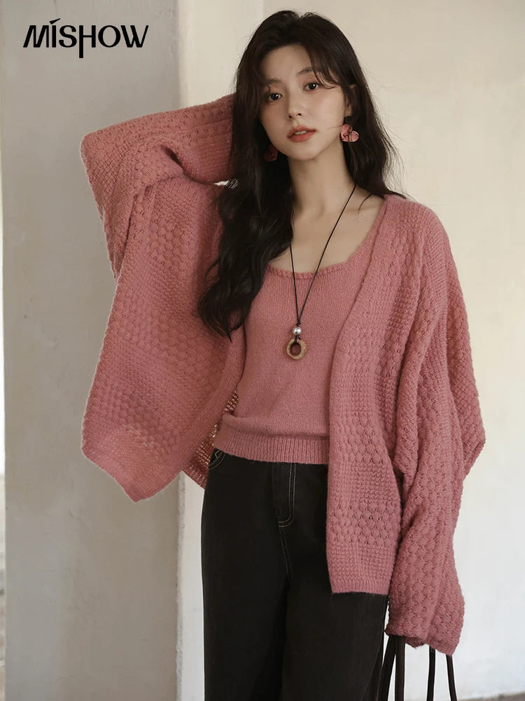 MISHOW Women's Pink Knit Two-Piece Set 2025 Autumn Sweet Long Sleeves Cardigan with Vest Casual Women's Clothes Set MXE44T0737