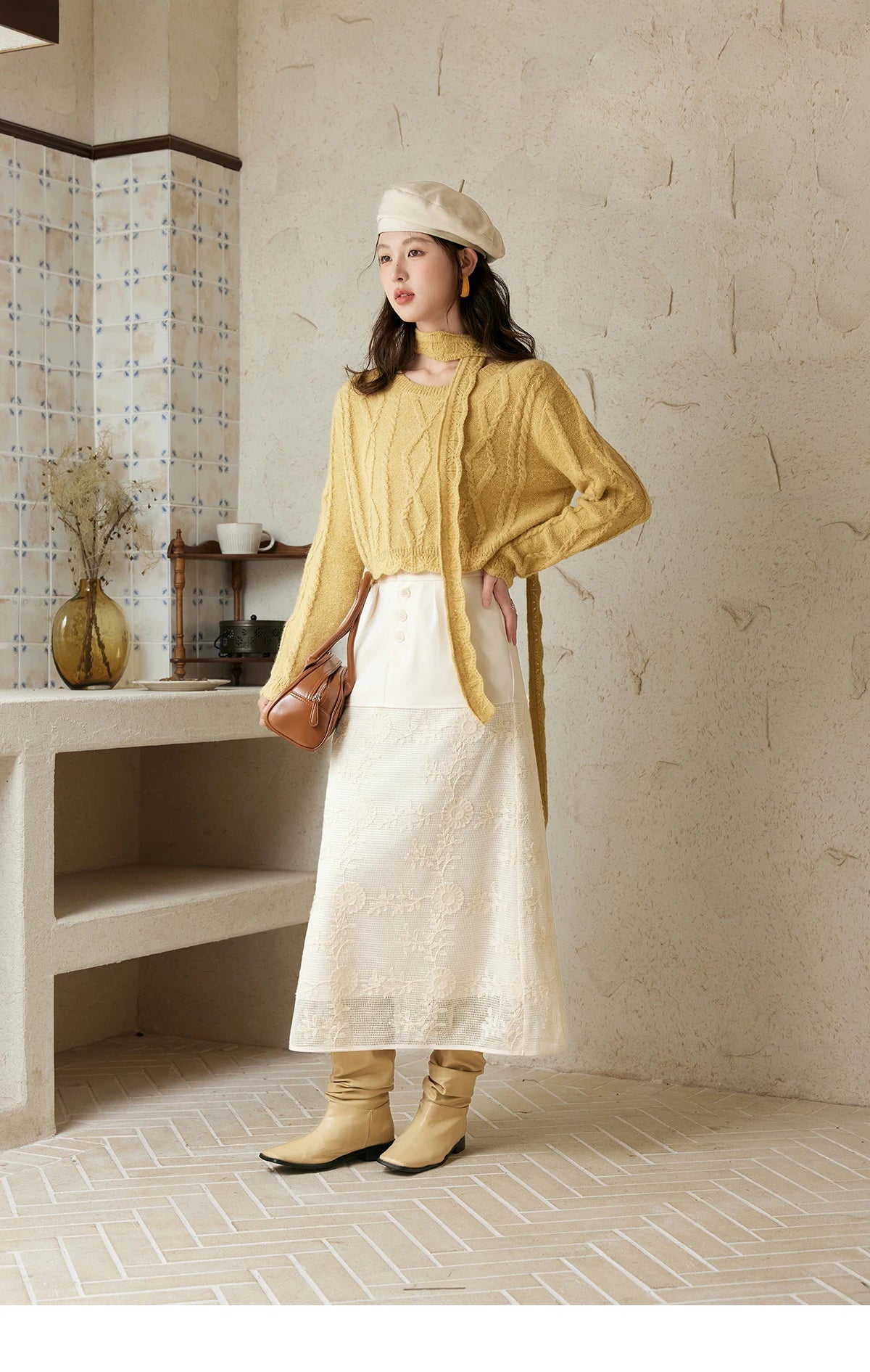 MISHOW Romantic Lace Wave Lace O-neck Knitted Sweater 2024 French Short Top Solid Hollow Elegant Sweater with Belt MPD42Z0736