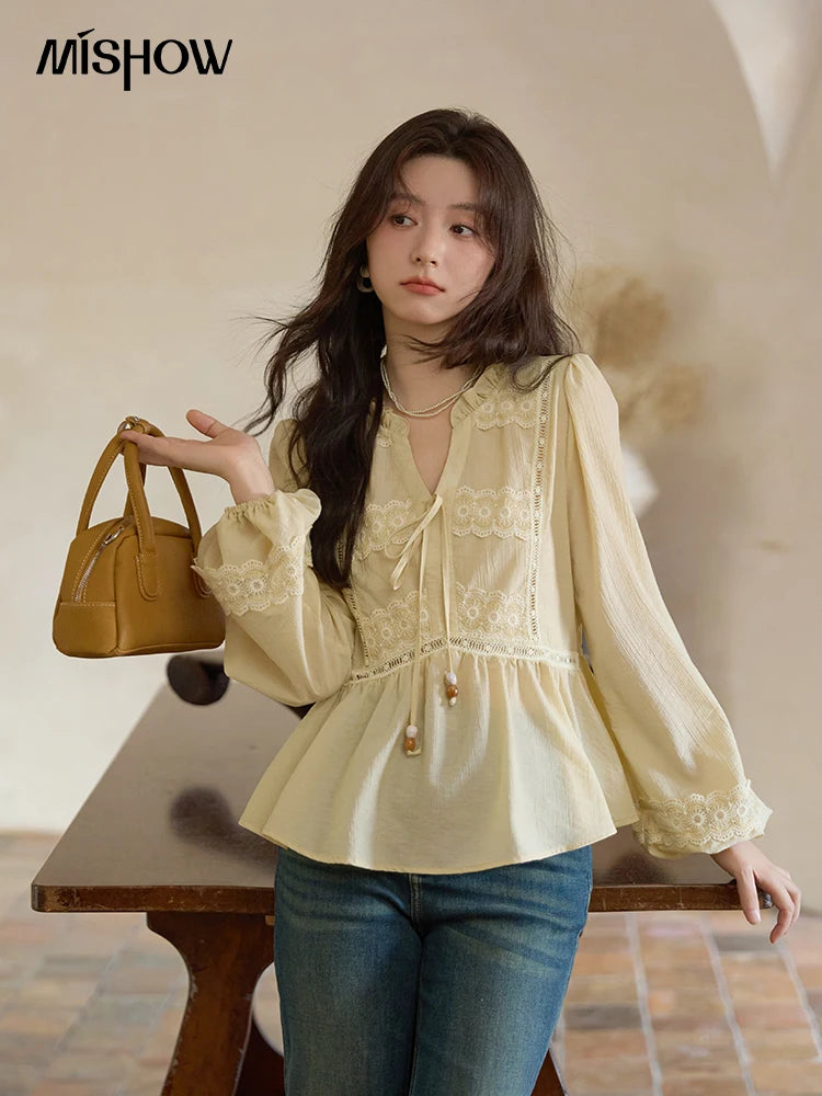 MISHOW French Thin V-neck Blouse 2025 Autumn Lace Patchwork Elastic Cuffs Top Bead Drawstring Lantern Sleeves Blouses MXE41X1925