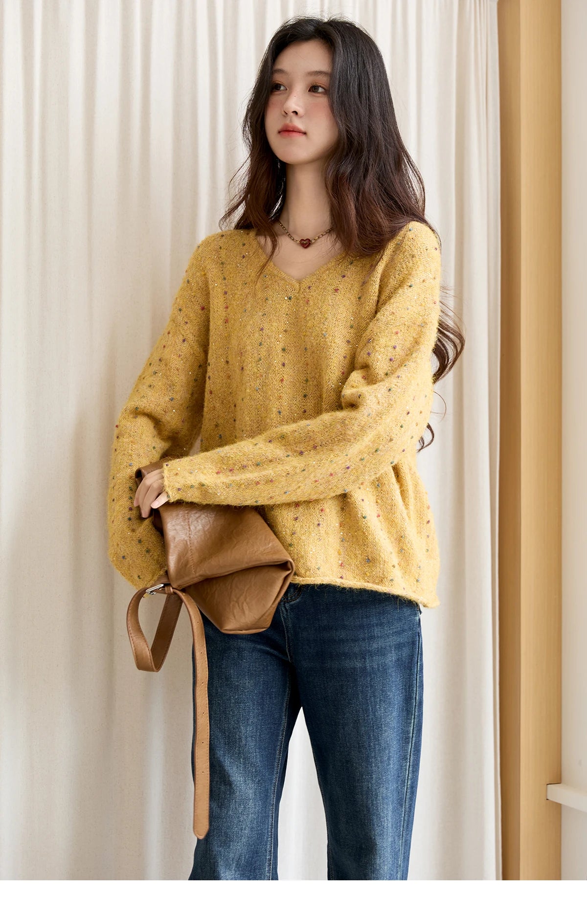 MISHOW Women Long Sleeve Tops 2025 Autumn Retro Yellow Sequins V-neck Sweater Knitted Comfortable Casual Pulllovers MXE47Z2572