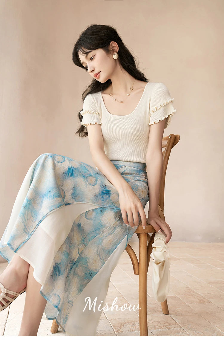 MISHOW French Skirts of Women Fashion 2023 [Van Gogh Collection] Art Pleated High Waist Slim Fit Female A-LINE Skirts MXC39B0095