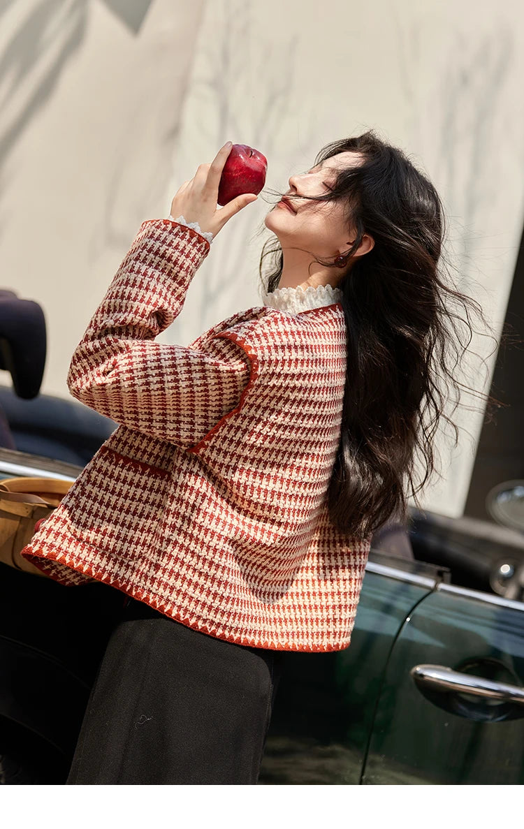 MISHOW Plaid Tweed Jacket Women Red Double Breasted Long Sleeve Tops 2024 Winter French Elegant Design Short Coat MXD56W0631