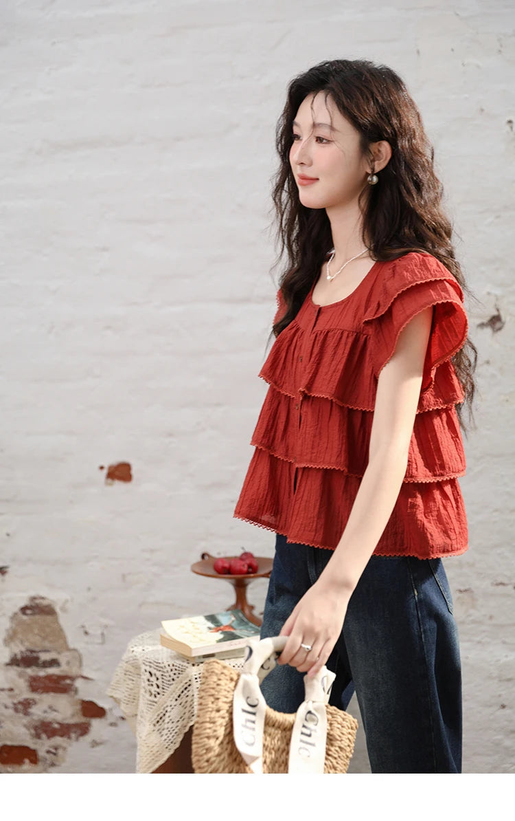 MISHOW Women's French Square Collar Blouses 2024 Summer Retro Red Ruffle Lace Cake Top Puff Sleeve Solid Sweet Blouse MXD30X1488