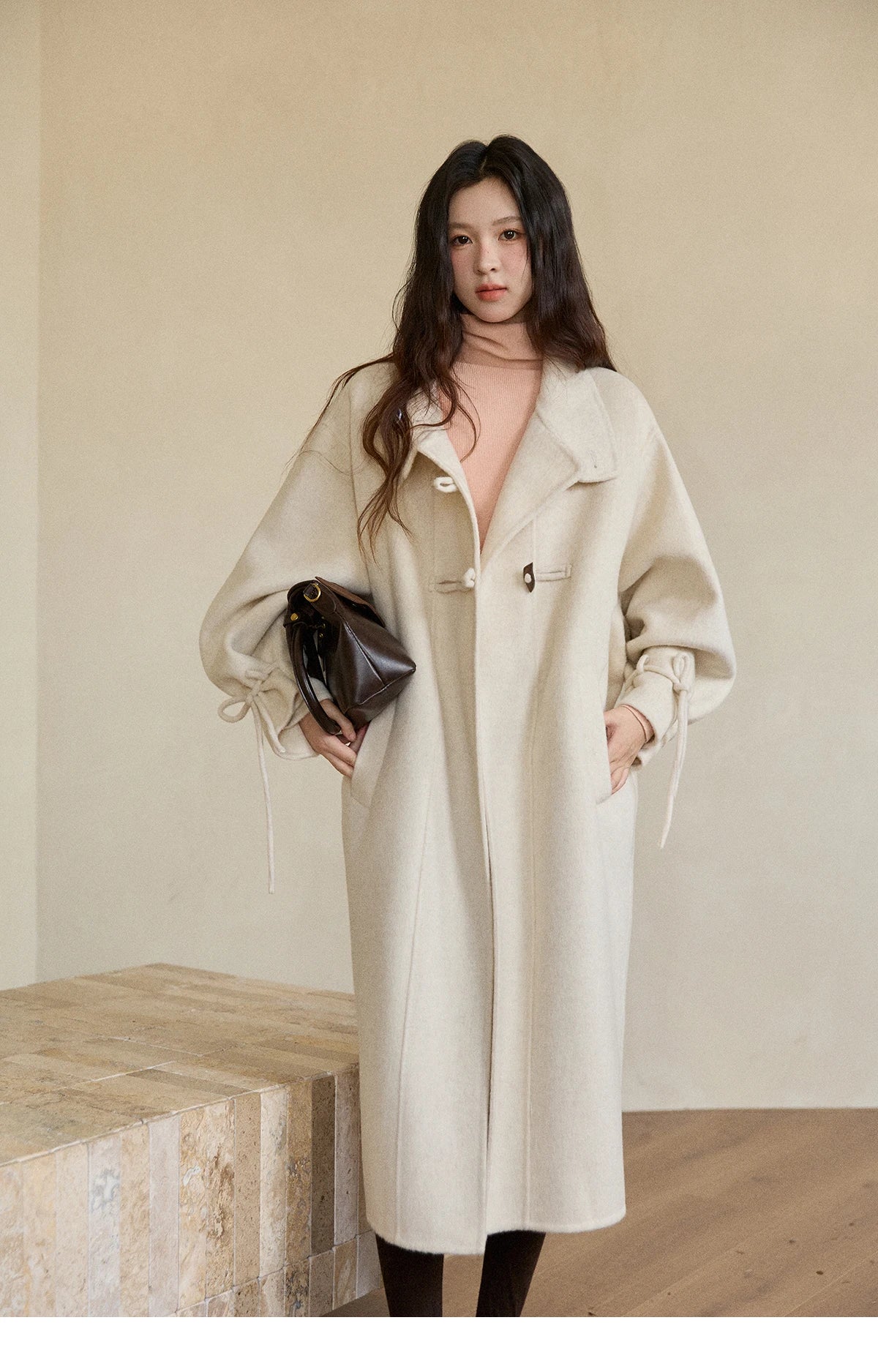 MISHOW Women's Long Coats 2025 Winter Yellow Double-faced 100% Wool Coat Windproof Lantern Sleeve Turtleneck Coat MXE51W0902