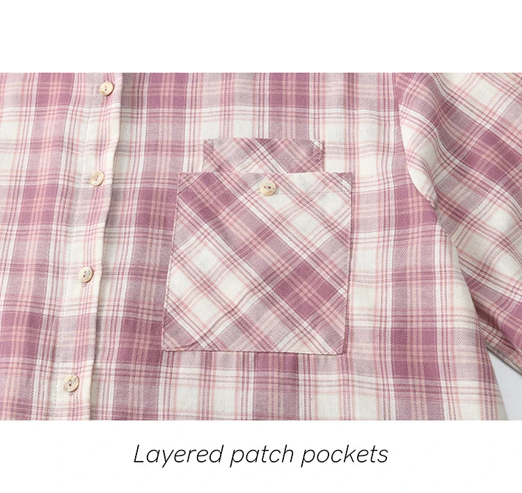 MISHOW Women's 100 Cotton Long-sleeve Purple Plaid Shirt Spring 2025 Loose Pockets Casual Shirts Korean Polo Neck Top MXE14C0417