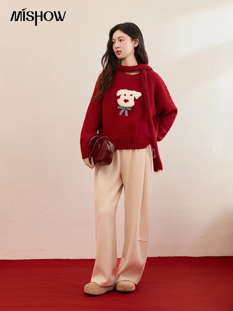 MISHOW New Year Women's Puppy Jacquard Crew Neck Knit Sweater 2026 Spring Loose Casual Red Sweater Excluding Scarf MXE93Z2932
