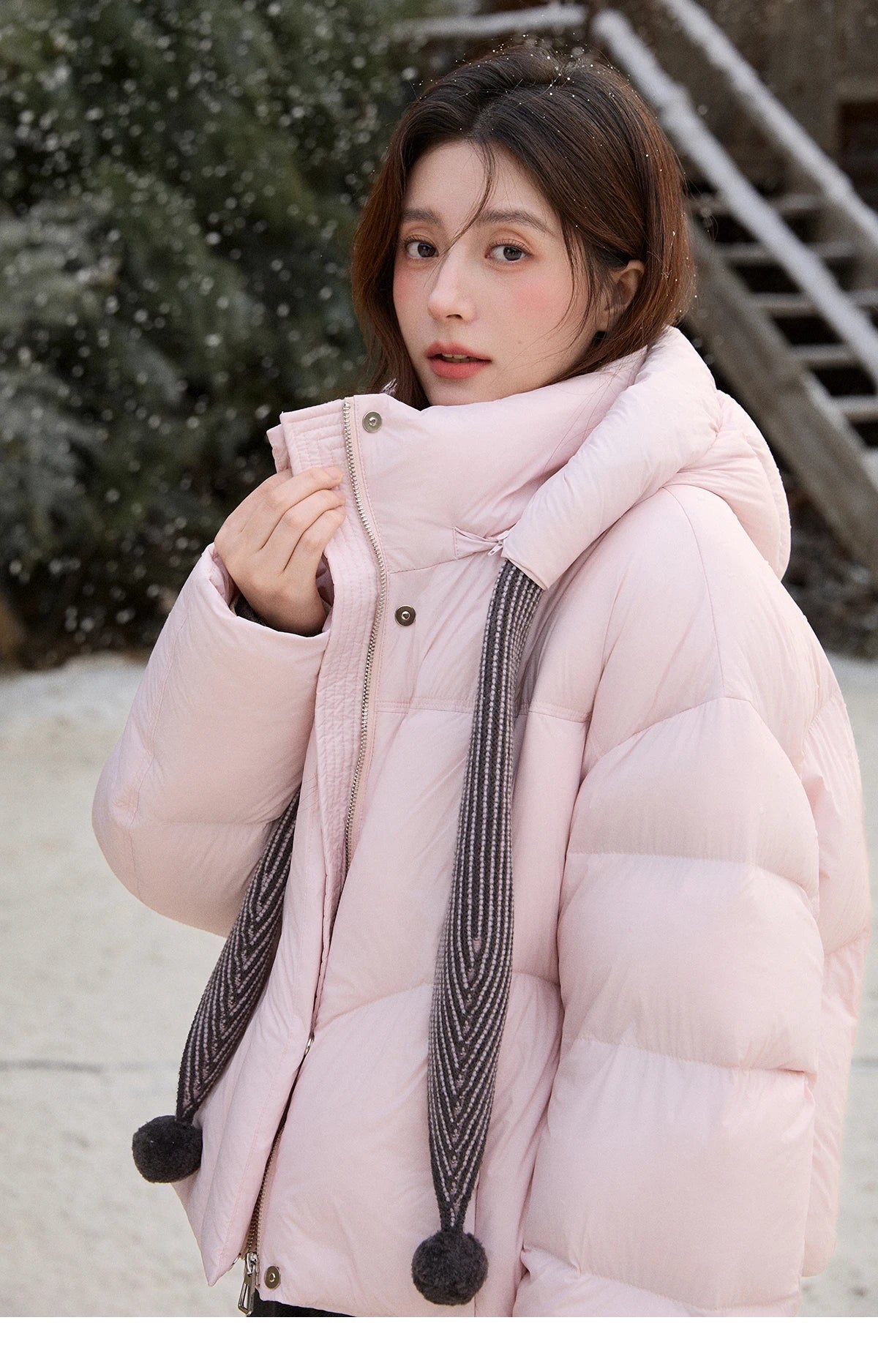 MISHOW Women's Pom-Pom Hooded Down Jacket 2025 Winter Sweet Short Lightweight Down Jackets Warm Windproof Coat MXE92Y0088