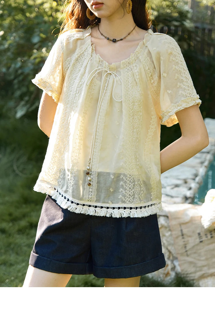 MISHOW Women's Embroidery Jacquard Blouse 2025 Summer New Fashion O-Neck Lace Up Short Sleeve Blouse Female Clothing MXE37X1861