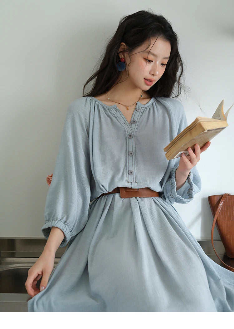 MISHOW Women's Half Sleeve Button Bamboo Knot Dress with Bohemian Belt 2025 Autumn Blue Long Dress Ladies Clothing MXE20L2468