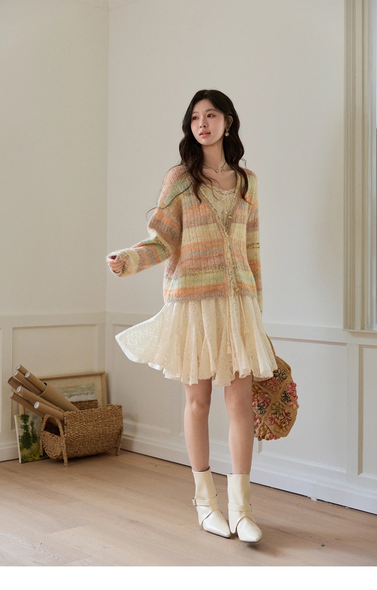 MISHOW Women's Gradient Striped Knit Cardigan 2026 Spring V Neck Single Breasted Casual Thin Soft Rainbow Sweater MXF13Z3019