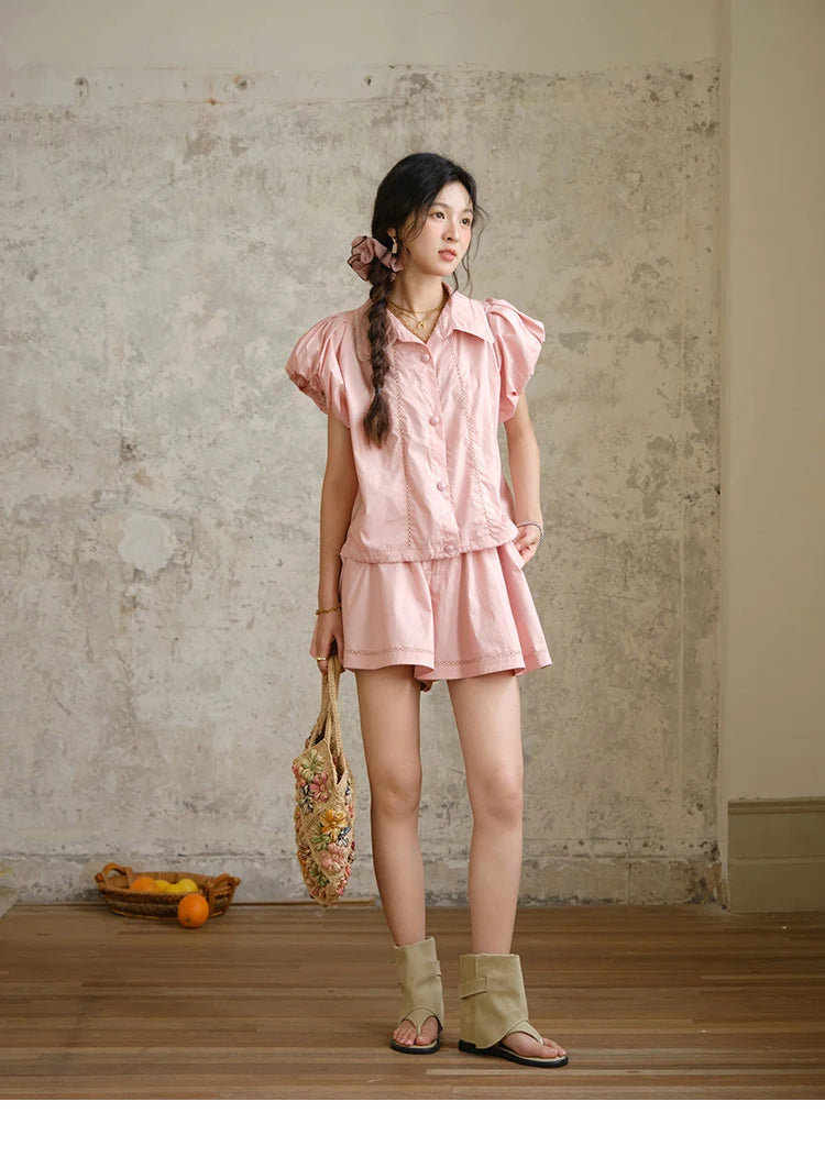 MISHOW 2 Pieces Set for Woman 2025 Summer New Loose Sweet Short Sleeve Button Shirt Casual Shorts Set Ladies Clothing MXE34T0591