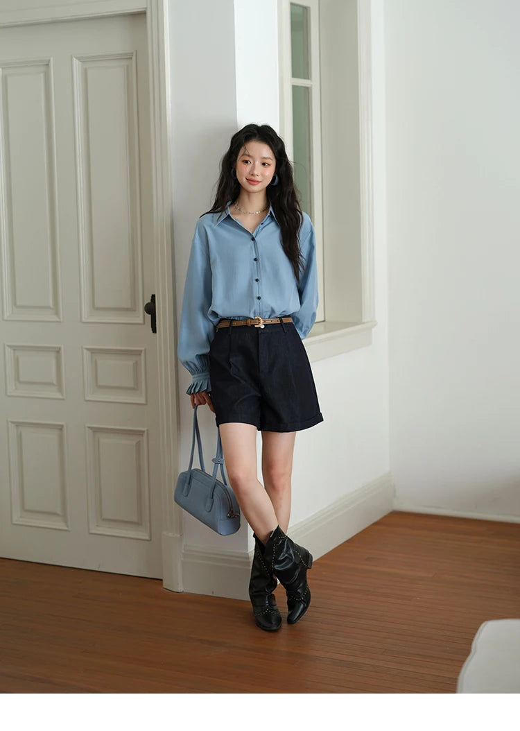 MISHOW Women's Shirts 2025 Autumn Color Blocking Buttons Pleated Cuffs Loose Top Female Solid Lapel Commuting Shirts MXE41C2352