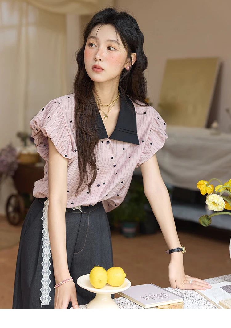 MISHOW Summer Office Lady Blouses Women 2025 Short Sleeve Turn-down Collar Polka Dot Shirts Female Fashion Slim Tops MXE31C0776