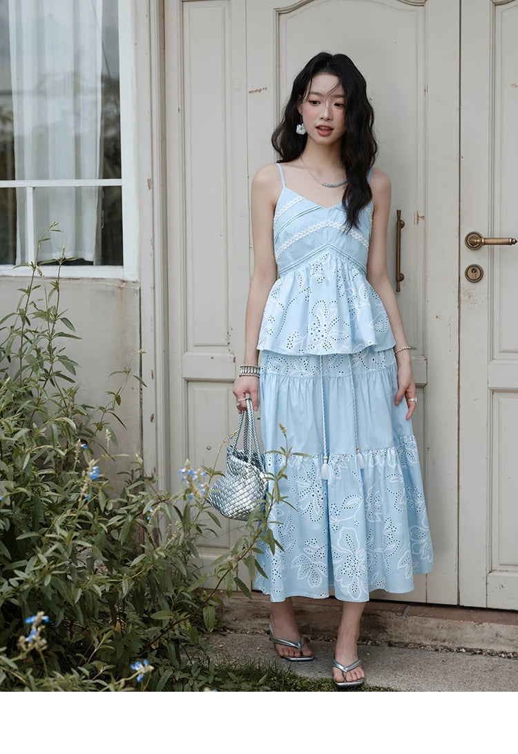 MISHOW Woman 2 Pieces Set 2025 Summer Ladies Fashion Strap V-neck Top Embroidery Flower Hollow Out Drawstring Skirt MXE34T0624