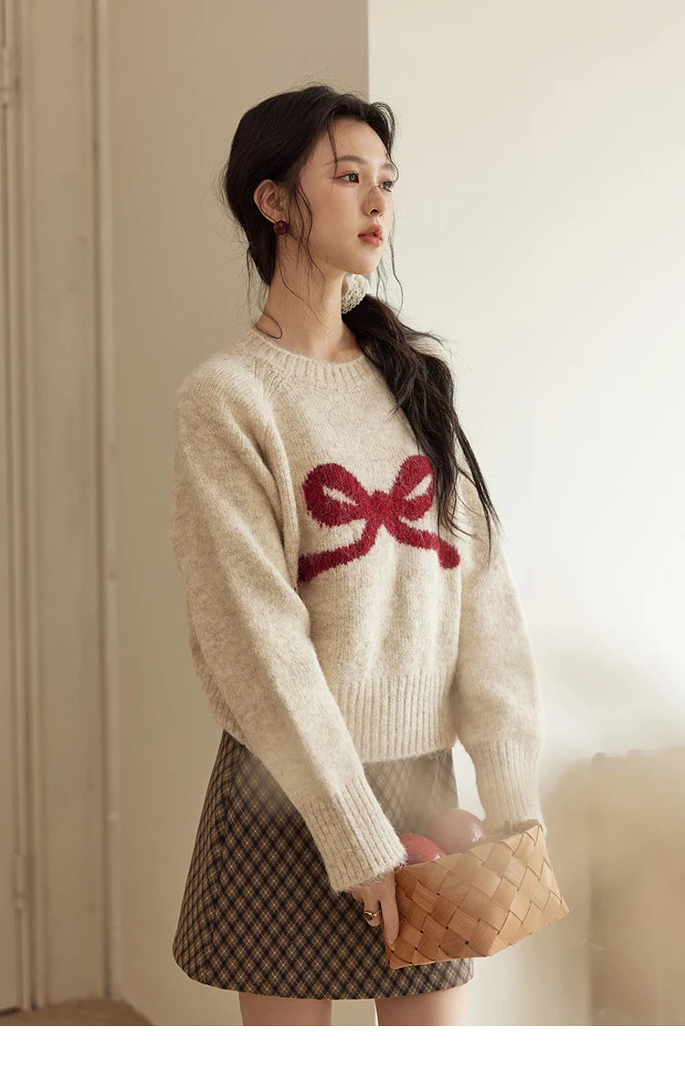 Mishow French Beige Embroidered Bow Tie O-Neck Sweater MXD35Z0944
