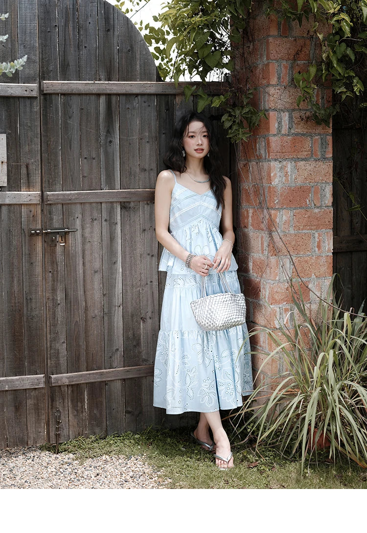 MISHOW Woman 2 Pieces Set 2025 Summer Ladies Fashion Strap V-neck Top Embroidery Flower Hollow Out Drawstring Skirt MXE34T0624