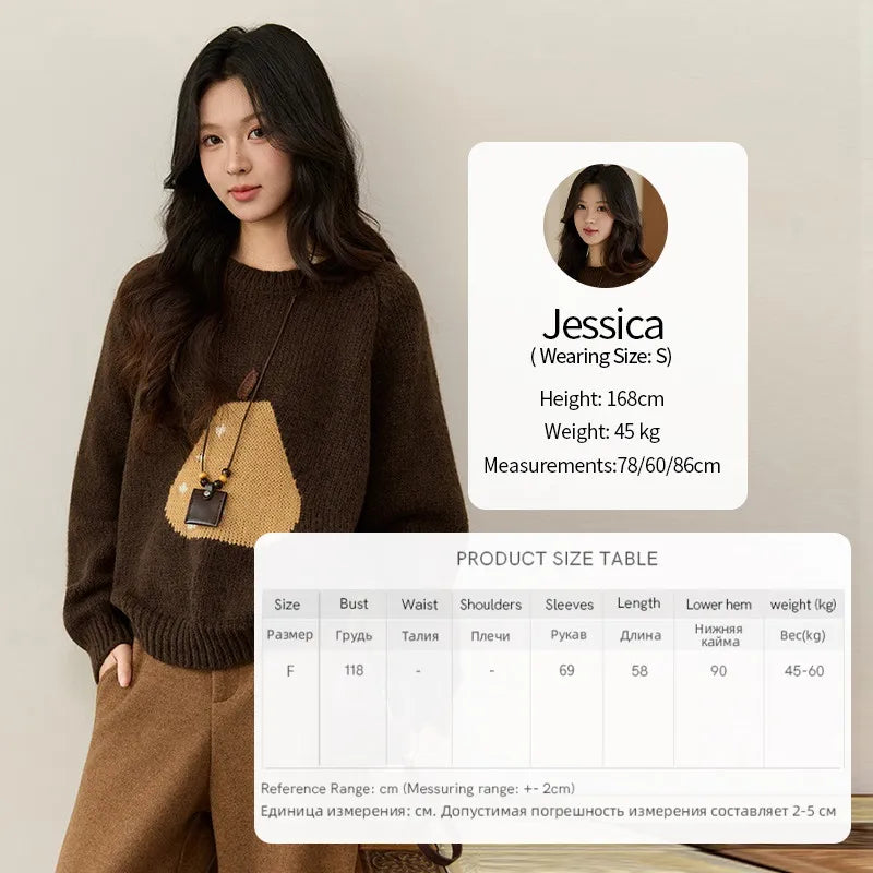 MISHOW Pear Pattern Jacquard Knitted Sweater Autumn Winter Crew Neck Loose Sweaters Wool Blend Warm Pullover Tops MXE94Z2959