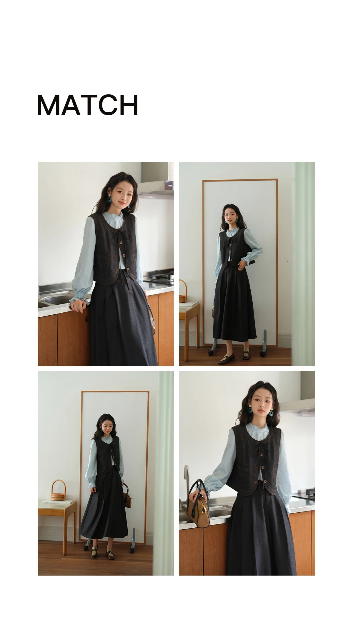 MISHOW Deep Blue Imitation Denim Vest Coat 2025 Autumn Round Neck Lace-up Coat Contrasting Button Single Breasted Top MXE41W0797